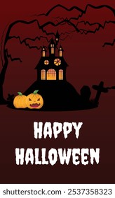 Halloween banner template with spooky house on a hill, graveyard, eerie trees, and a pumpkin