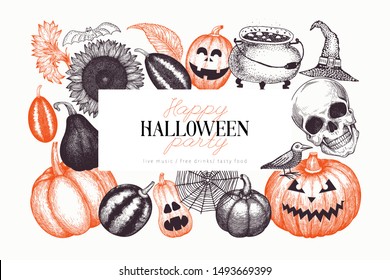 Halloween banner template. Vector hand drawn illustrations. Design with pumpkins, scull, cauldron and sunflower vintage style. Autumn background.