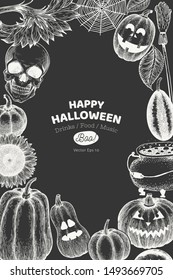 Halloween banner template. Vector hand drawn illustrations on chalk board. Design with pumpkins, scull, cauldron and sunflower vintage style. Autumn background.