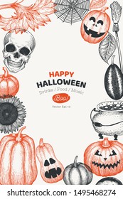 Halloween banner template. Vector hand drawn illustrations. Design with pumpkins, scull, cauldron and sunflower retro style. Autumn background.