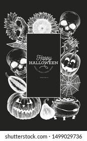 Halloween banner template. Vector hand drawn illustrations on chalk board. Design with pumpkins, scull, cauldron and sunflower vintage style. Autumn background.