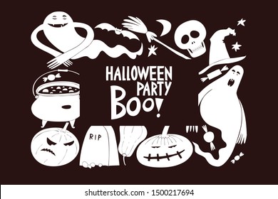 Halloween banner template. Vector hand drawn illustrations on dark background. Design with halloween symbols. 