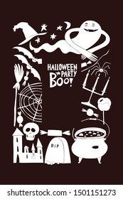 Halloween banner template. Vector hand drawn illustrations on dark background with halloween symbols. Can be used as flyer or invitation