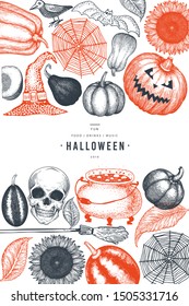 Halloween banner template. Vector hand drawn illustrations. Design with pumpkins, scull, cauldron and sunflower vintage style. Autumn background.