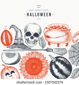 Halloween banner template. Vector hand drawn illustrations. Design with pumpkins, scull, cauldron and sunflower retro style. Autumn background.