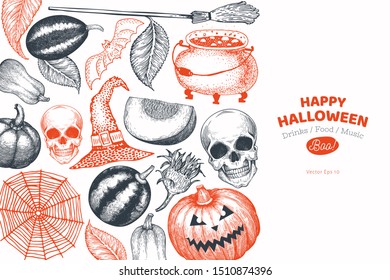 Halloween banner template. Vector hand drawn illustrations. Design with pumpkins, scull, cauldron and sunflower retro style. Autumn background.