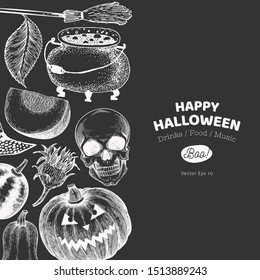 Halloween banner template. Vector hand drawn illustrations on chalk board. Design with pumpkins, scull, cauldron and sunflower vintage style. Autumn background.