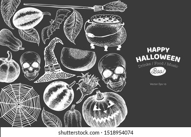 Halloween banner template. Vector hand drawn illustrations on chalk board. Design with pumpkins, scull, cauldron and sunflower retro style. Autumn background.