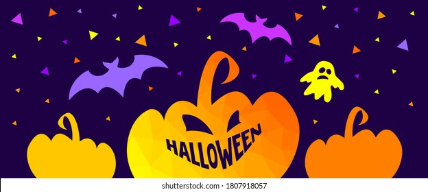 Halloween banner template. Vector poster, banner, card for social media and networks. Evil low poly pumpkin, jack-o-lantern, bats, ghost. Halloween sale horizontal composition, promotion concept