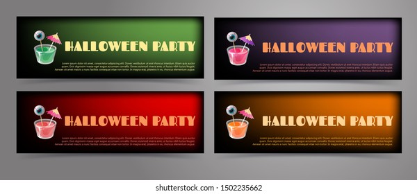 Halloween banner templates collection. Set of four vector designs with cocktail jelly shot and spooky eye on stick.