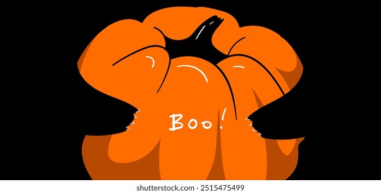 Halloween banner with text Boo.  Cute cartoon character, black cats paws holding pumpkin.  Baby pet animal collection. Happy Halloween. Flat design. Black background. Vector illustration