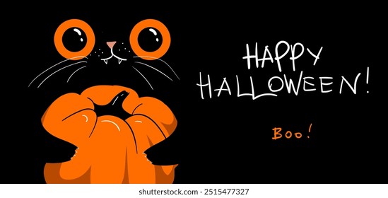 Halloween banner with text Boo, Happy Halloween.  Cute cartoon character, black cat holding pumpkin.  Baby pet animal collection. Happy Halloween. Flat design. Black background. Vector illustration