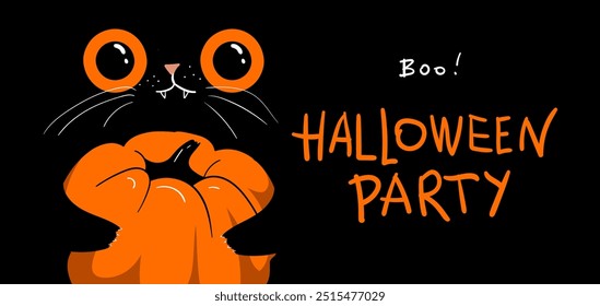 Halloween banner with text Boo, Halloween party.  Cute cartoon character, black cat holding pumpkin.  Baby pet animal collection. Happy Halloween. Flat design. Black background. Vector illustration