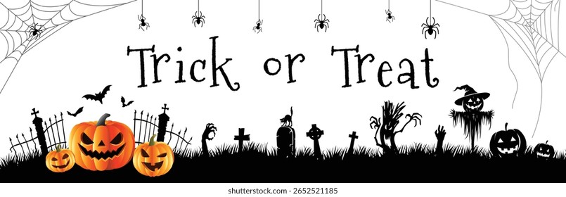 Halloween banner with “Trick or Treat” text, pumpkins, graveyard, spiders, and spooky silhouettes in a festive black and white theme.