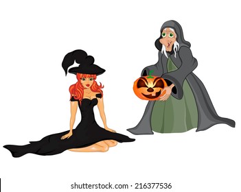 Halloween banner .The beautiful girl, the witch in black dress Witch old woman. Vector