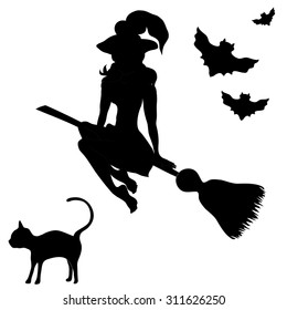 Halloween banner .The witch on a sweeper. Vector illustration
