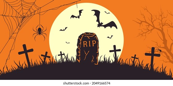 Halloween banner with Tombstone. Orange Halloween background with gravestone and Moon. Bats on cemetery. Illustration for children's holiday design, cards, invitations, banners, templates