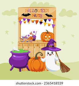 Banner de Halloween con símbolos tradicionales para la decoración de las fiestas. Marco de Halloween. Un puesto con un fantasma, un sombrero de bruja, una calabaza, un murciélago, caramelos, una guirnalda con banderas, un caldero con una poción de bruja. Vector.