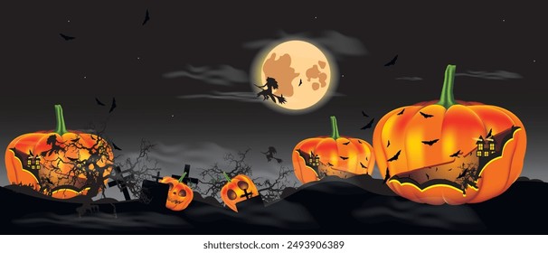 Halloween banner with traditional symbols. Pumpkins and a witch against the background of the moon, illustration.
Vector image formats
earnings per share