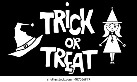 Halloween banner. Trick or Treat handwritten text. Wizard hat, Witch isolated on black background. Vector design