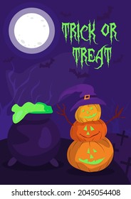 Halloween banner "trick or treat" ​with pumpkins, bats and moon in a dark night vector illustration desig