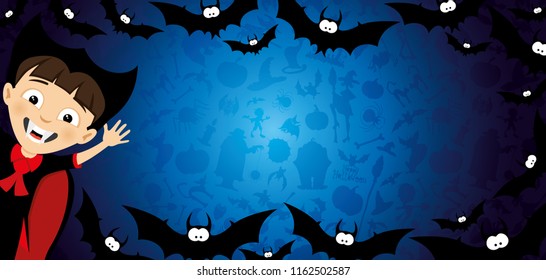 Halloween banner with a vampire and bats on a blue background.