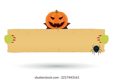 Halloween banner with vampire hands and pumpkin on head. Monstar hands holding blank paper signboard, poster for events, invitations, partys.