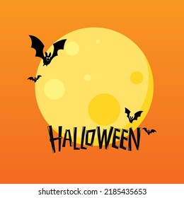 Halloween banner. Vector Halloween background with illustration of flying bats over moon. Yellow moon.