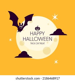 Halloween banner. Vector Halloween background with illustration of flying bats over moon. Yellow moon.