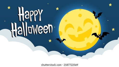 Halloween banner. Vector Halloween background with illustration of flying bats over moon. Yellow moon.