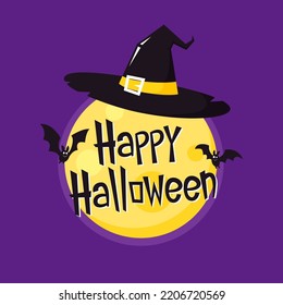 Halloween banner. Vector Halloween background with illustration of flying bats over moon. Yellow moon. Witch hat on Moon.