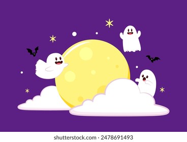 Halloween banner. Vector Halloween background with illustration of flying bats over moon. Yellow moon.