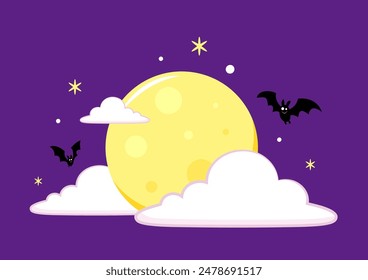 Halloween banner. Vector Halloween background with illustration of flying bats over moon. Yellow moon.