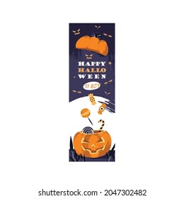 Halloween banner Vector cartoon illustration pumpkins and candy on the night background