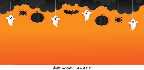 Halloween banner vector. Happy Halloween banner background with clouds, bats, spider and pumpkins in paper cut style. Orange background with blank space.