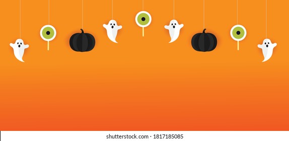 Halloween banner vector. Happy Halloween banner background with eye, candy, ghost and pumpkins in paper cut style. Orange background with blank space.