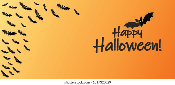 Halloween banner vector. Happy Halloween banner background with bats in paper cut style. Orange background.