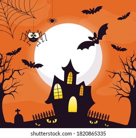 Halloween banner vector. Happy Halloween banner background with bats, moon, castle, spider, ghost, web, cemetery and pumpkins. Orange background.
