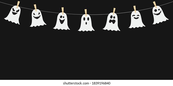Halloween banner vector. Happy Halloween banner background with ghosts in paper cut style. Black background with blank space.