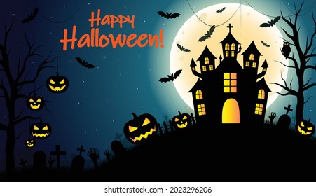 Halloween banner vector. Happy Halloween banner background with bats, moon, castle, web, cemetery and pumpkins. Creepy night background.