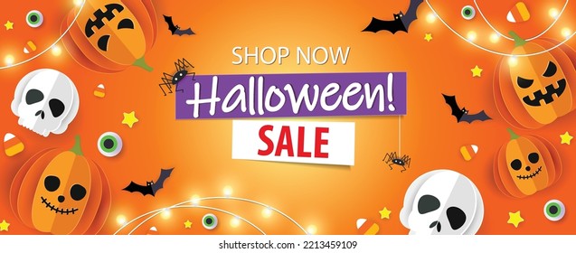 Halloween banner vector. Happy Halloween banner background with Jack o lanterns, bats and candy in paper cut style. Orange background.