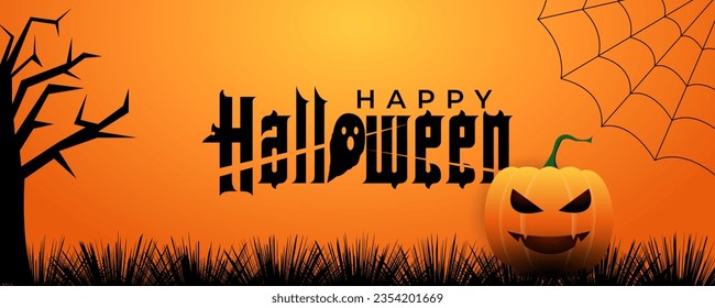 Halloween banner vector. Happy Halloween banner background with tree, spider webs, pumpkins, ghost and text. Orange background.