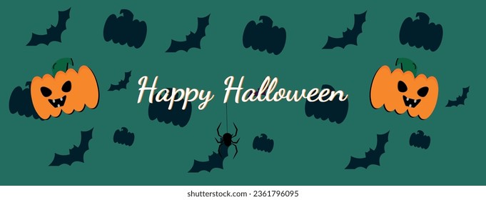 Vector de banner de Halloween. Felices banderas de Halloween con murciélagos, web y calabazas.