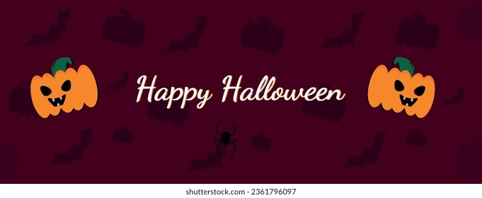 Halloween banner vector. Happy Halloween banner background with bats, web and pumpkins.