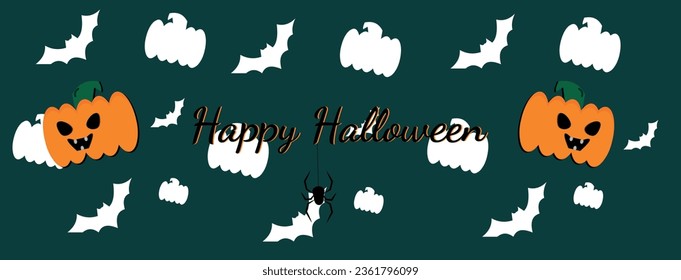 Halloween banner vector. Happy Halloween banner background with bats, web and pumpkins.