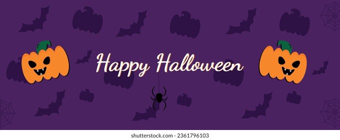 Halloween-Banner-Vektorgrafik. Fröhlicher Halloween Bannerhintergrund mit Fledermäusen, Web und Kürbissen.