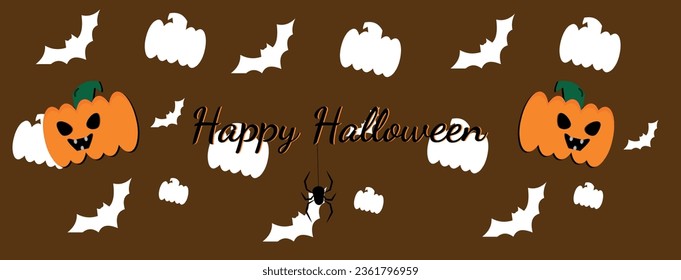 Halloween banner vector. Happy Halloween banner background with  bats, web and pumpkins 