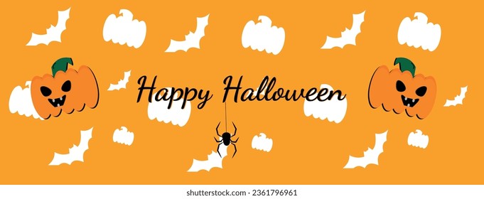 Halloween banner vector. Happy Halloween banner background with  bats, web and pumpkins 