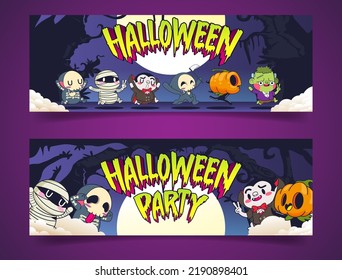 halloween banner vector illustration, cute monster halloween banner