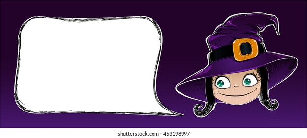 Halloween banner vector illustration. Cute little Witch and cloud for an inscription on dark background. This useful to web site, cards, poster, invitations for party.
